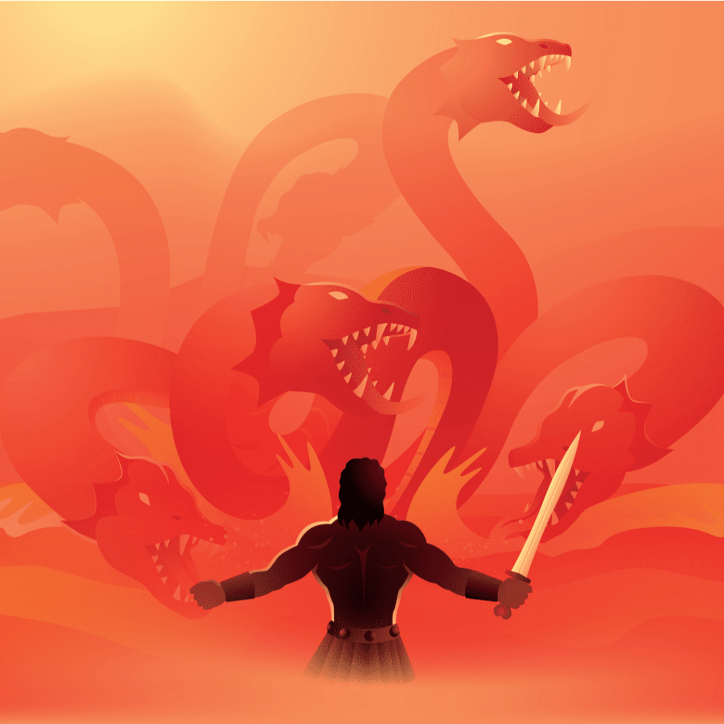 Imagem contém monstro com várias cabeças, e Hércules à frente dele pronto para uma luta. Texto em destaque: O que é antifrágil.